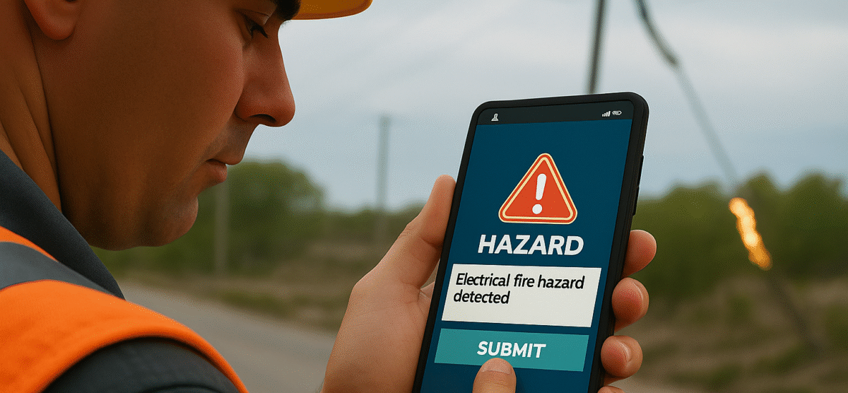 Construction safety app showing electrical hazard alert on worker's smartphone.
