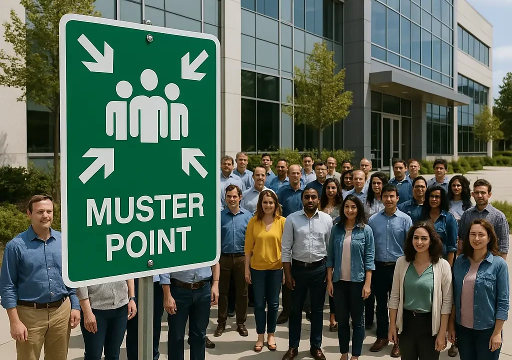 Employees assembling at the designated muster point during a fire drill