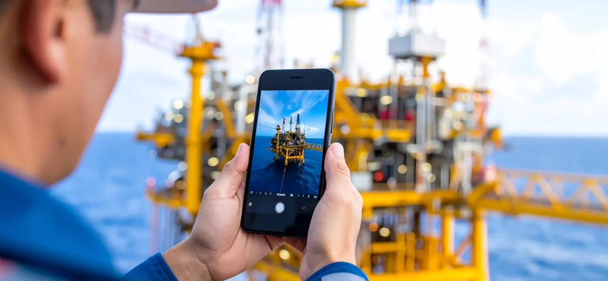 Worker capturing a safety concern on an offshore rig on smartphone, demonstrating mobile hazard reporting in high-risk settings.
