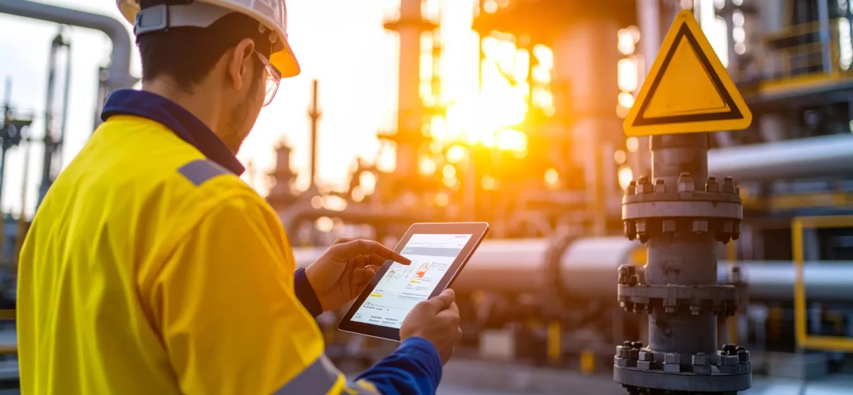 Technician using tablet to complete FLHA in a high-risk industrial zone.