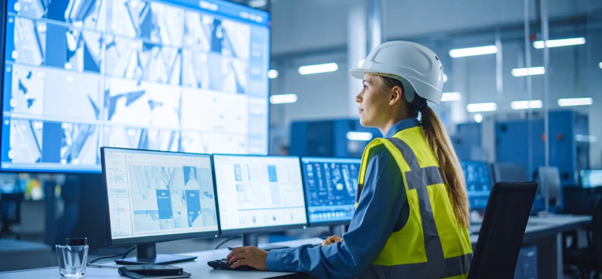 Female safety manager tracking live FLHA data and site analytics from a digital operations center.