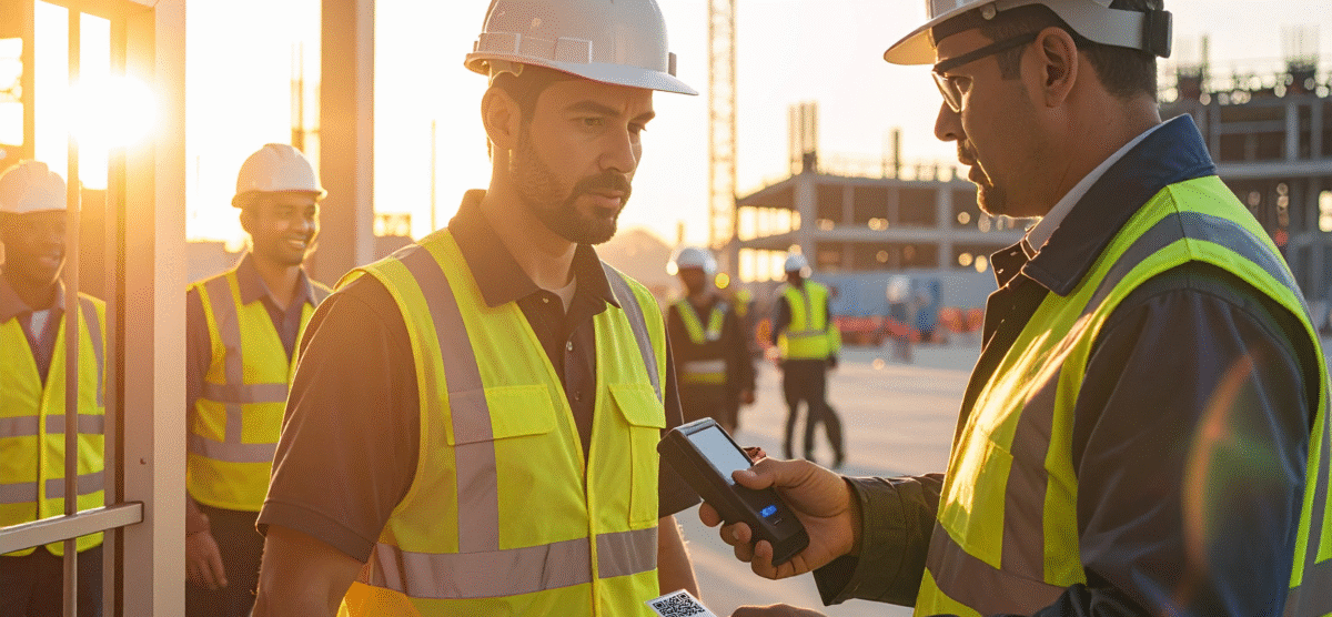 Supervisor verifies ID badge of worker before granting access to jobsite.