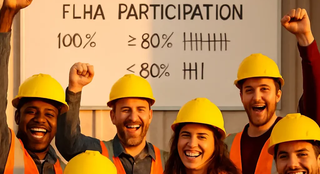 Happy crew celebrates 100% FLHA compliance and no recorded safety incidents on site.