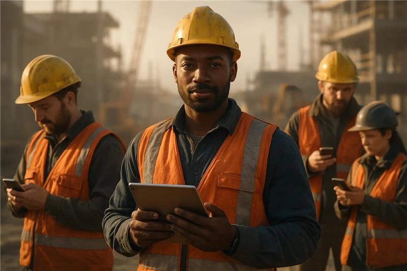 A worker holding a screen displaying a training video, illustrating scenario-based learning as key to successful safety software adoption on jobsites.