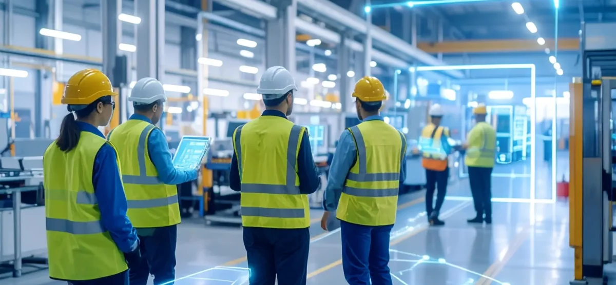 Workers in safety gear accessing digital systems representing fast, tech-enabled onboarding without compromising workplace safety.