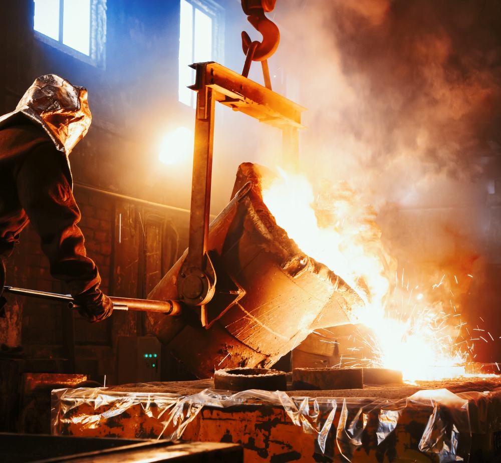 Workers operates at the metallurgical plant. The liquid metal is poured into molds. Worker controlling metal melting in furnaces.