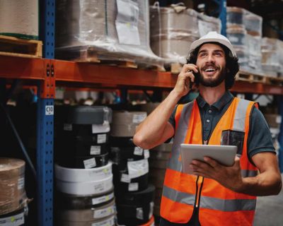 Young warehouse worker with beard talking over phone while working in storehouse