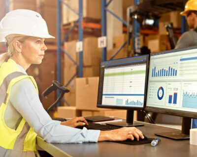 Professional Female Worker Wearing Hard Hat Uses Computer with Inventory Status Checking and Delivery Software in the Retail Warehouse full of Shelves with Goods. Delivery, Distribution Center