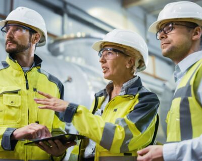 Three Heavy Industry Engineers Stand in Pipe Manufacturing Factory, Use Digital Tablet Computer, Have Discussion. Large Pipe Assembled. Design and Construction of Oil, Gas and Fuels Transport Pipeline