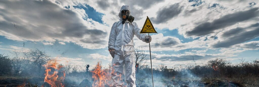 Firefighter ecologist fighting fire in field. Man in protective suit and gas mask near burning grass with smoke, holding warning sign with skull and crossbones. Natural disaster concept.