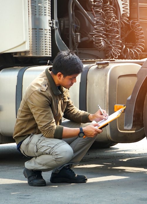 Young man fills out inspection form in front of trucks fuel container. Young man is wearing grey pants and brown shirt. 