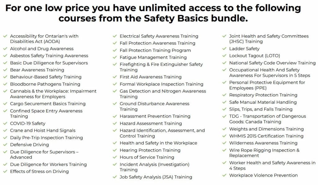 A picture of all the 50 courses safety basics includes. 