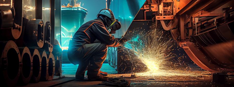 metal worker grinds plate in shipyard/
