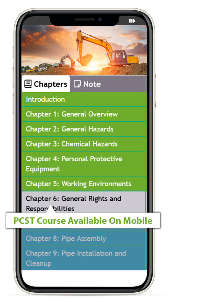 A photo of the pipeline construction safety training course chapters displayed on a mobile device. 

The is also a speech bubble with the words "PCST Course Available On Mobile."