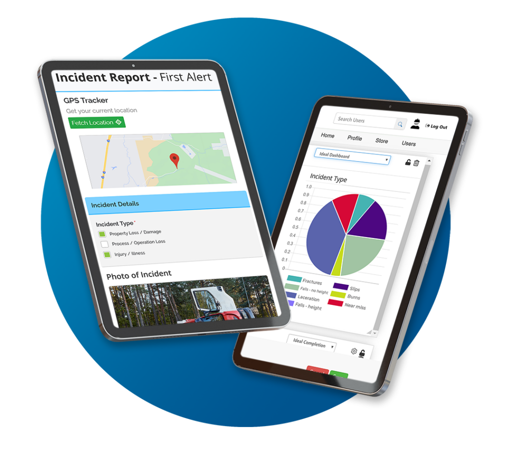 two tablets show incident reporting software that's capable of helping organize, store and quantifying OSHA forms. 