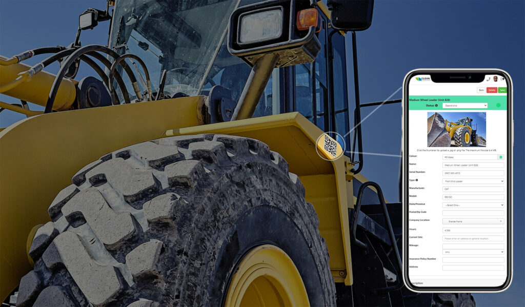 An image depicting a QR code on the side of a excavator. There is a cell phone displaying all the information the QR code has brought up on the equipment. 
