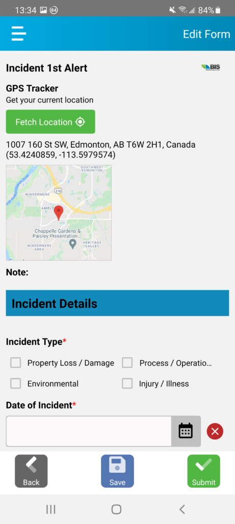 a cellphone screen showing an incident report in the midst of being filled out by an employee