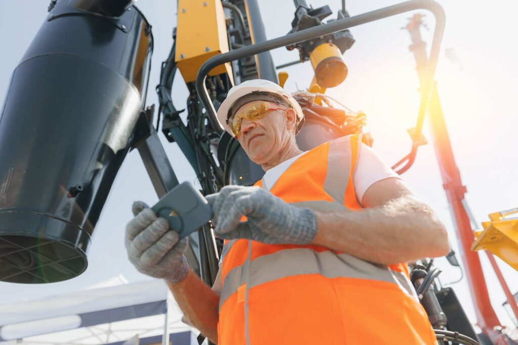 Industry operator use mobile tablet for control drilling rig for exploration of minerals for oil, gas and artisan water.