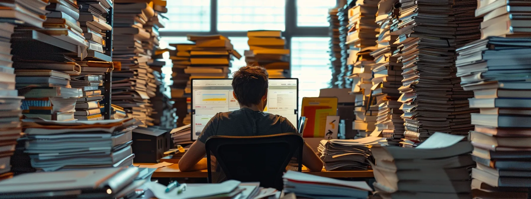 a person in a modern office, surrounded by stacks of regulatory documents, researching environmental laws on a computer screen.