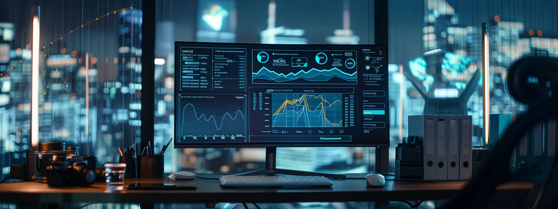 a modern, streamlined office desk setup with a computer screen displaying a compliance software dashboard, surrounded by charts and graphs, illustrating the integration of technology into ehs strategy.