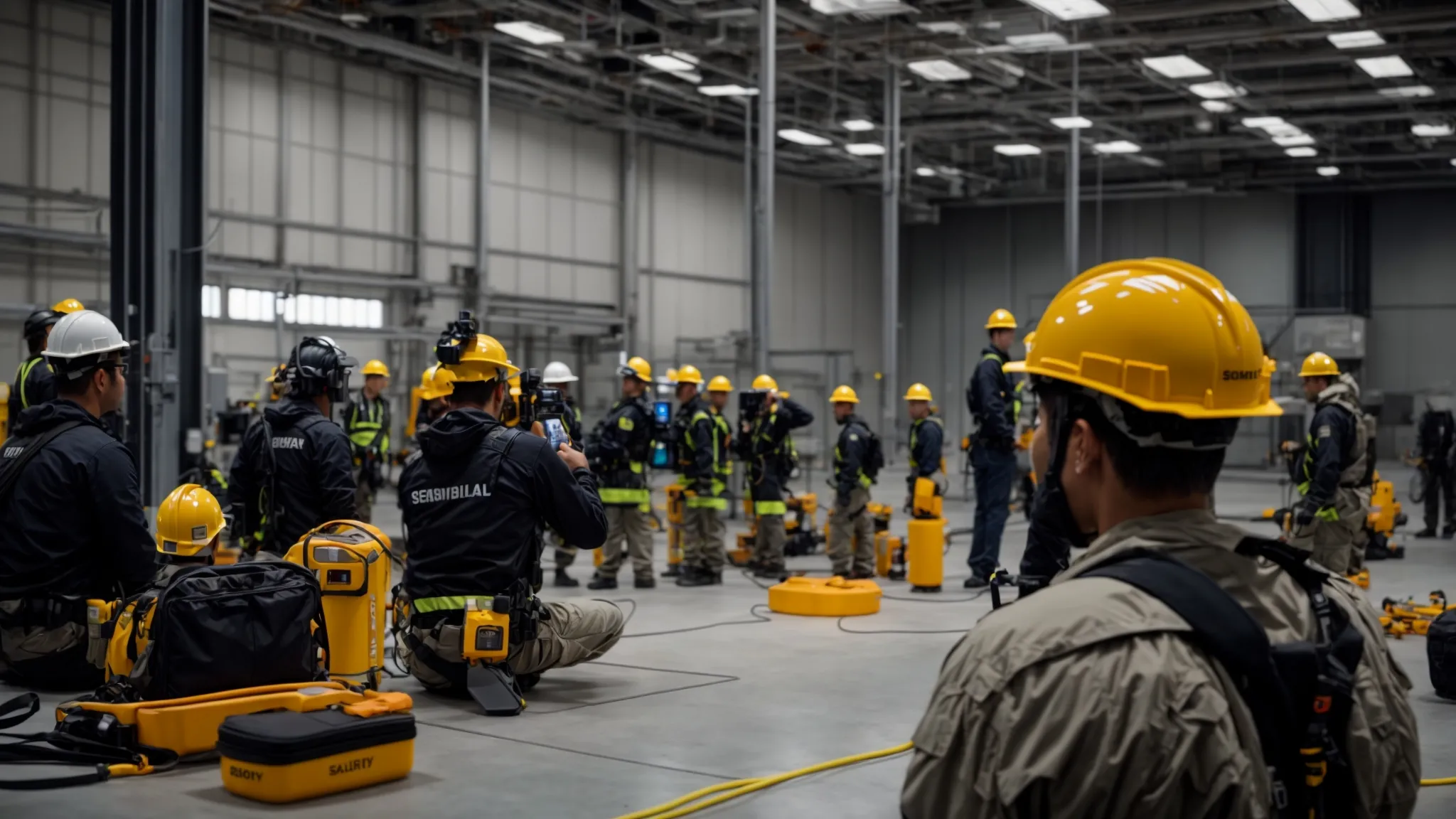 a group of employees in safety gear learning proper fall protection procedures in a vibrant, interactive ehs training session.