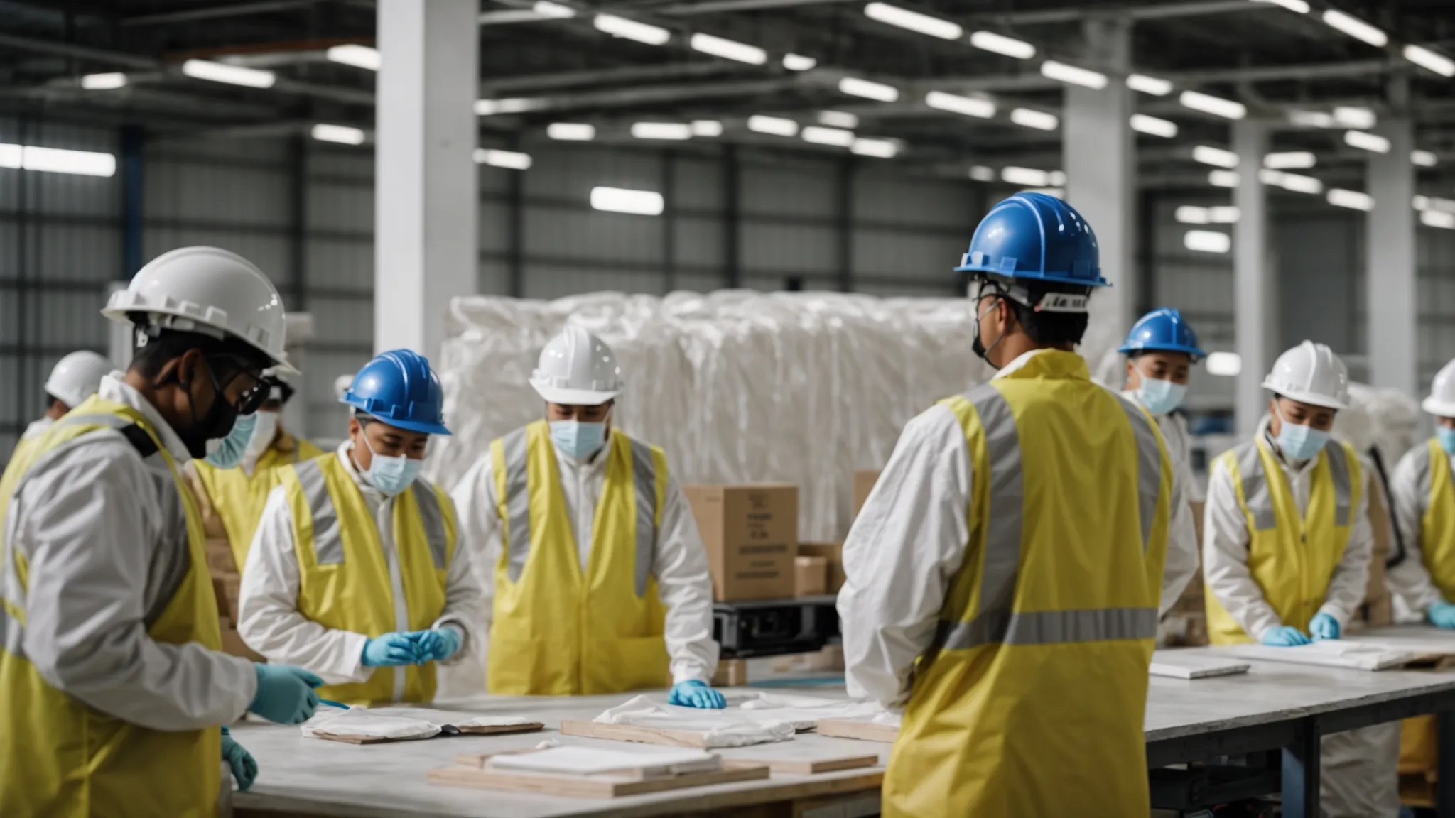 a diverse group of employees engaged in hands-on asbestos safety training with protective gear and educational materials in a bright, spacious warehouse setting.