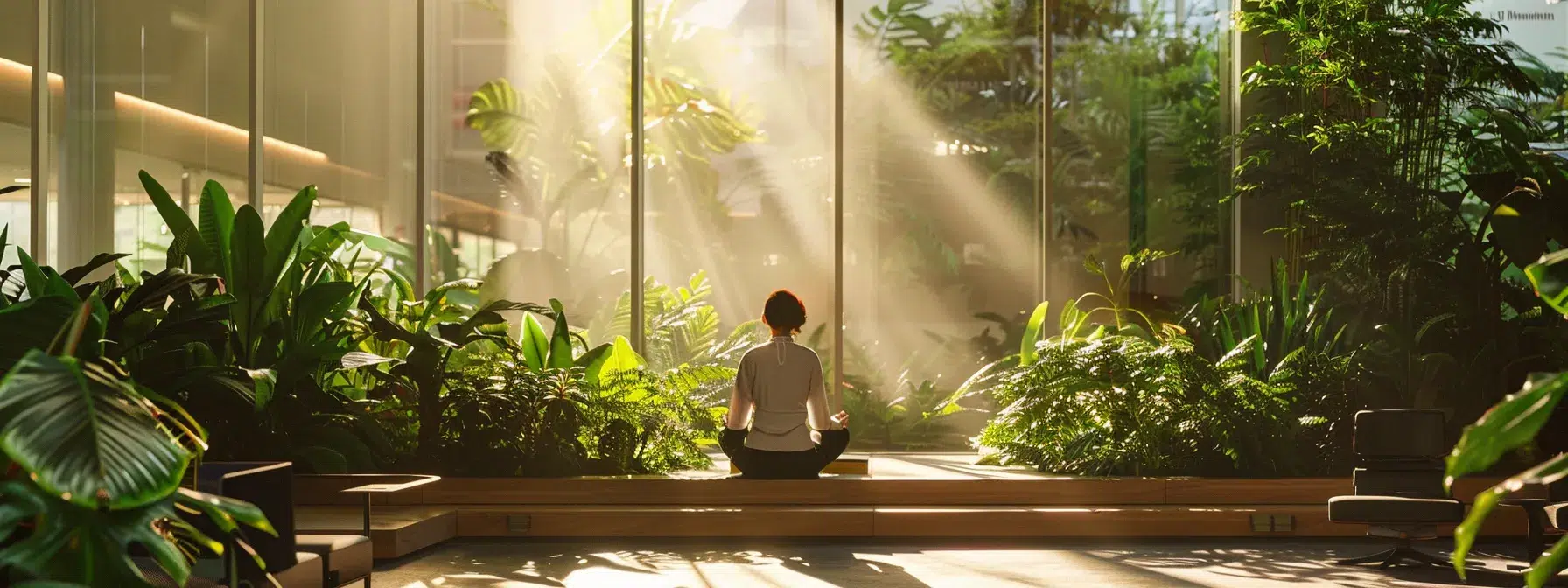 an employee participating in a mindfulness session at work, surrounded by calming greenery and natural light.