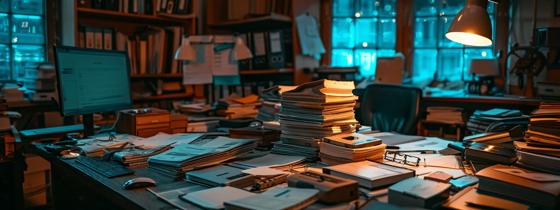 a cluttered desk covered in stacks of detailed documentation, safety manuals, and risk assessment forms, highlighting the importance of compliance with safety management systems.
