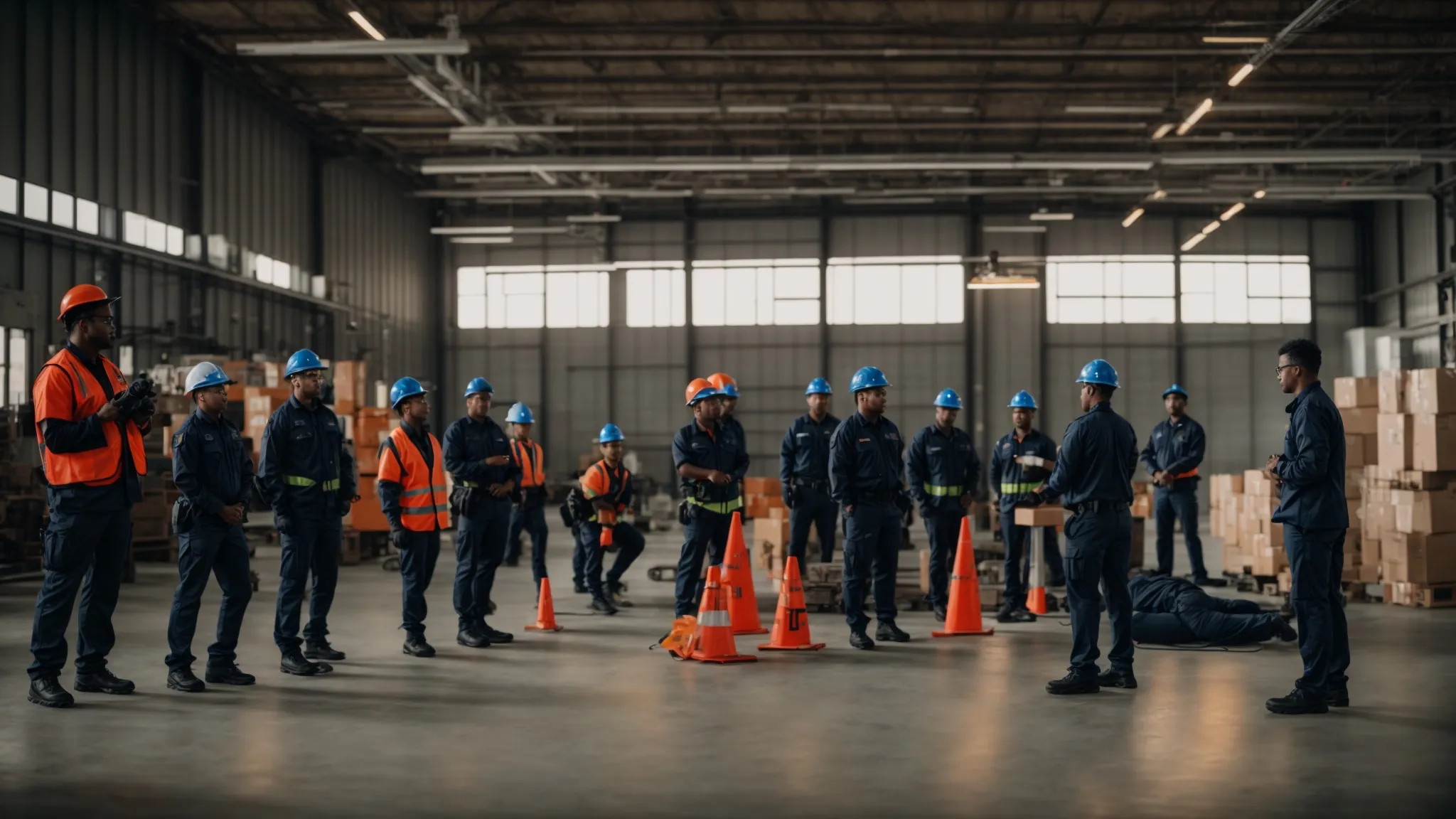 a group of diverse employees engaged in hands-on safety training, with focus on first aid and workplace health, in a brightly lit industrial setting.
