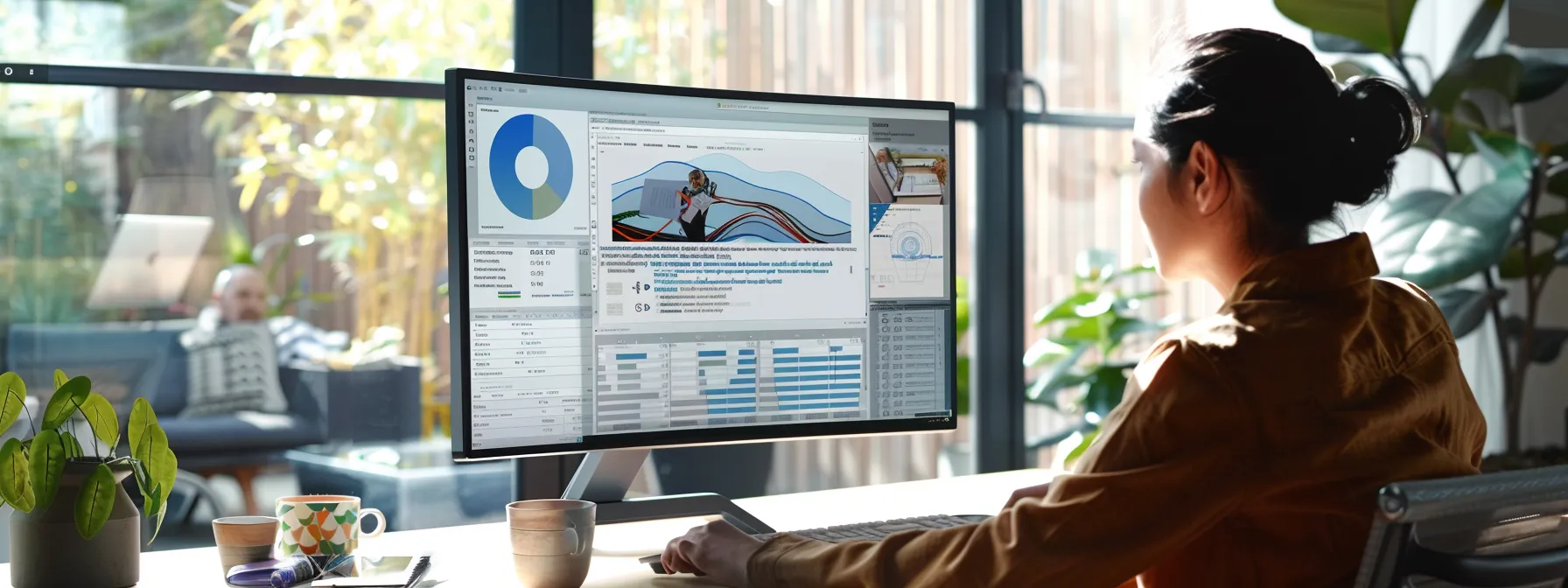 a person carefully evaluating different compliance software options on a sleek, modern computer screen.