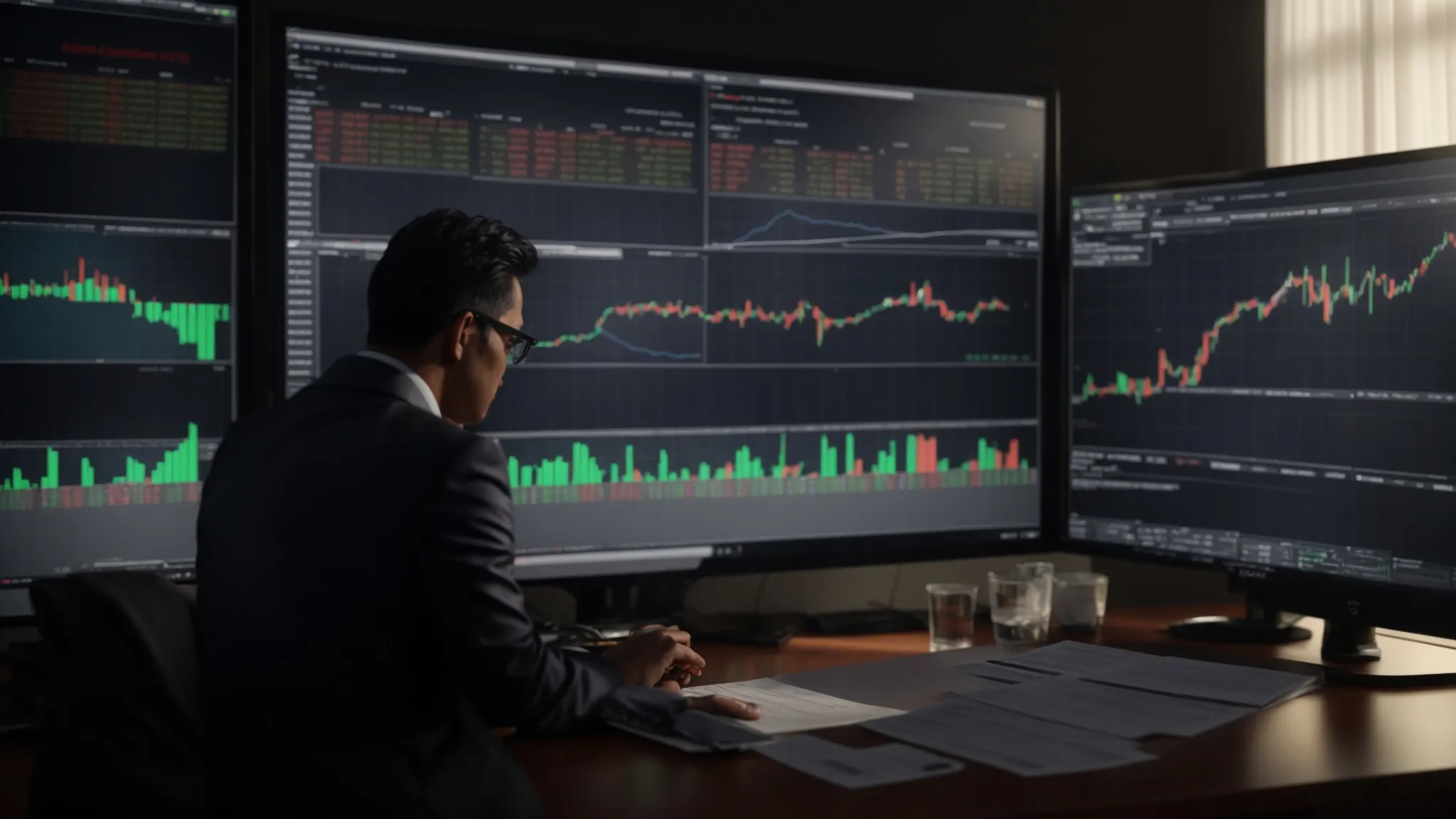 a business person carefully examining a detailed financial chart, surrounded by various software options, weighing the total cost of ownership against the potential return on investment.