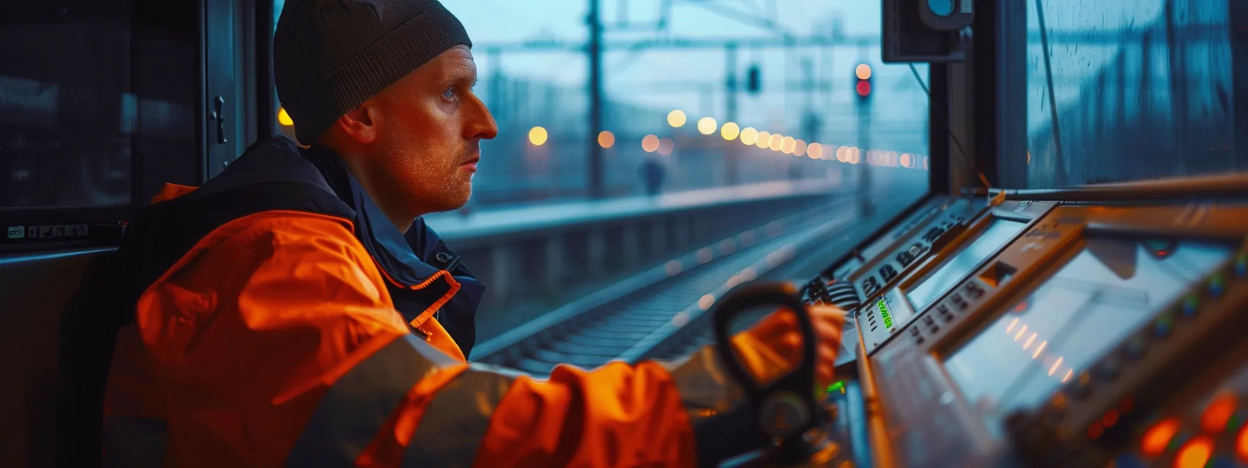 a railway worker inspecting a modern safety management system control panel, ensuring operational efficiency and enhancing safety measures.