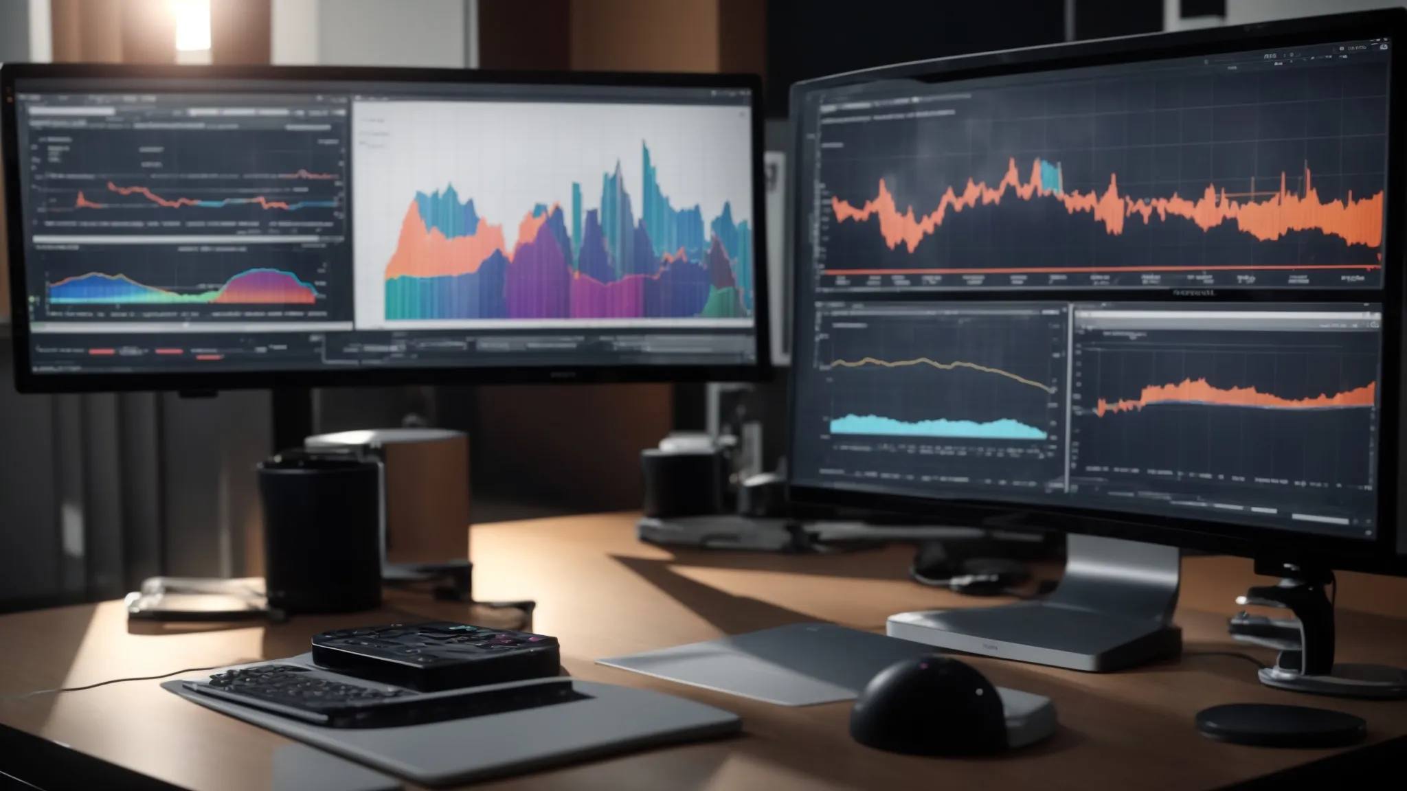 a modern office desk displaying charts and graphs showcasing improved ehs outcomes through compliance software implementation.