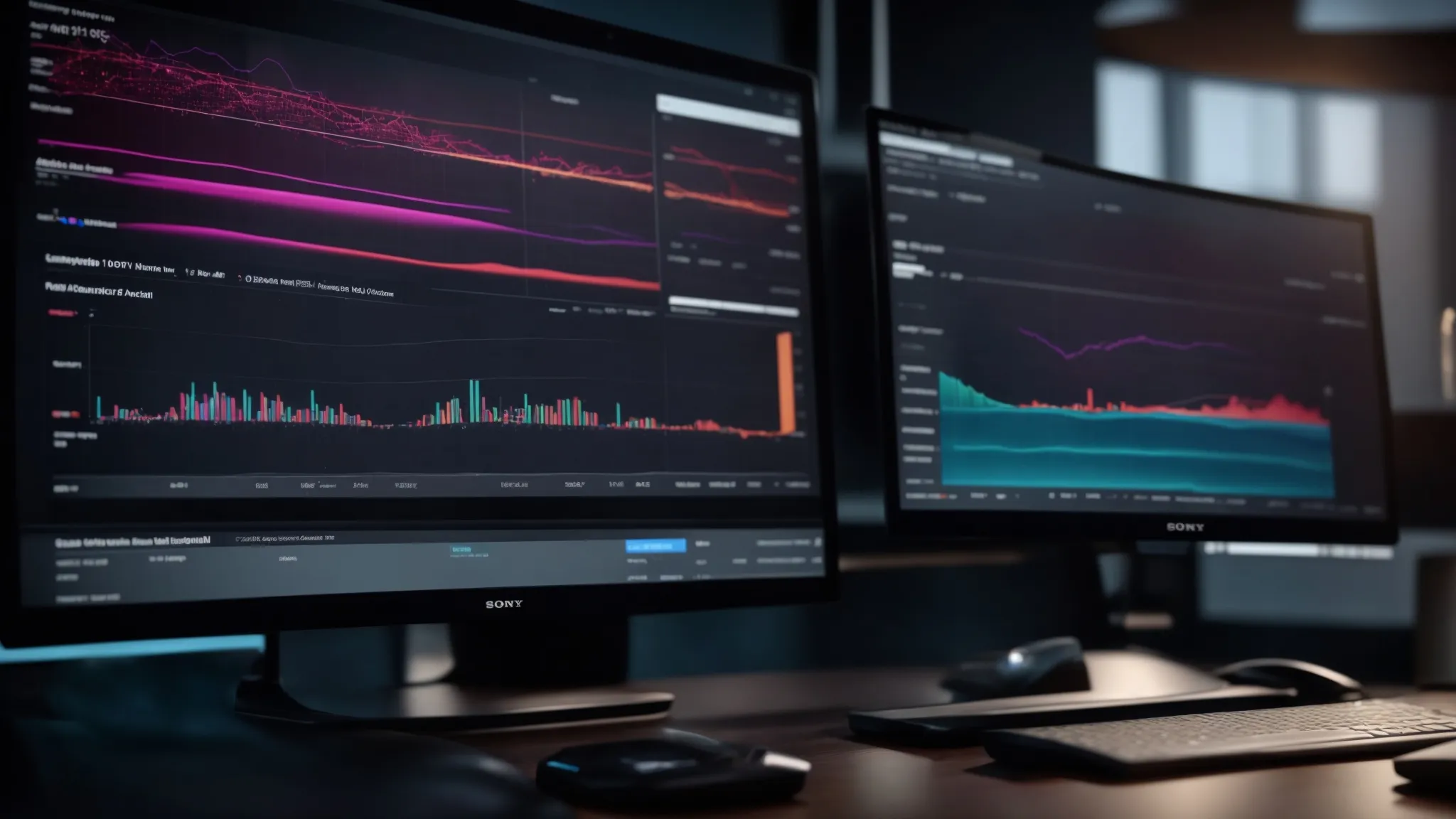 a sleek, modern computer monitor displaying a user-friendly incident reporting software interface, with vibrant charts and graphs showing data analytics and risk management metrics.