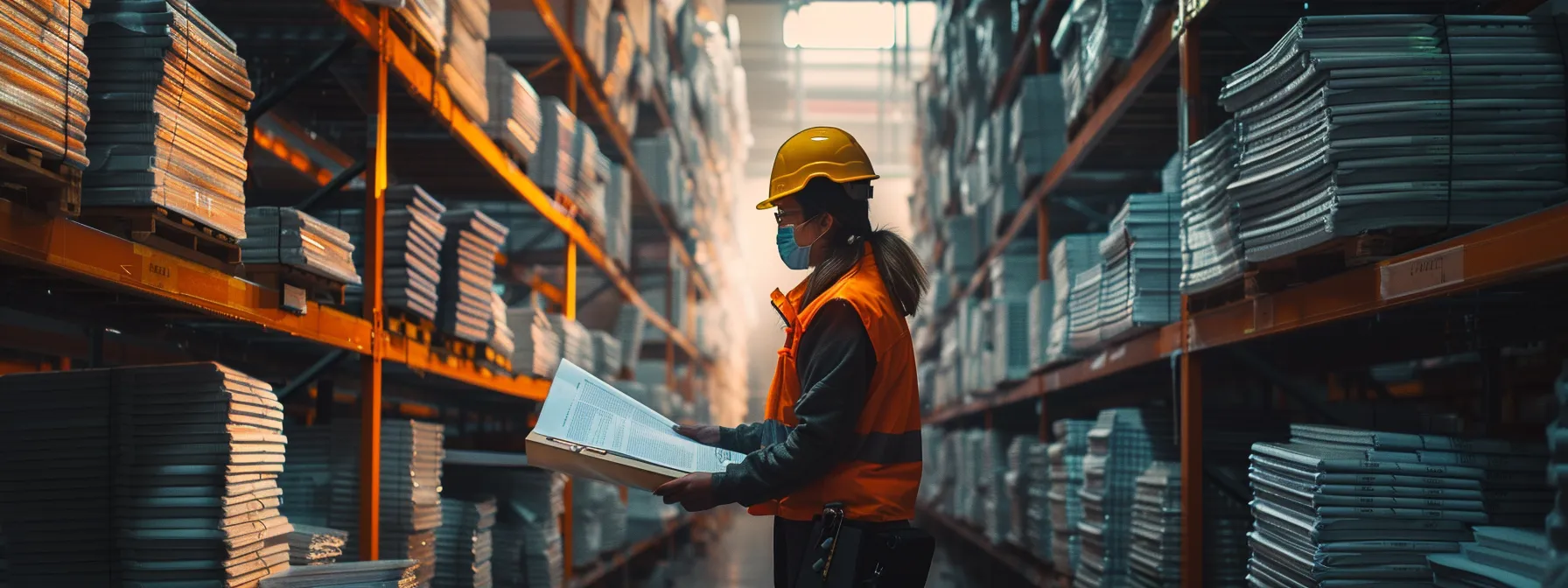 a person surrounded by a stack of safety regulation documents, diligently updating their safety management system to ensure operational safety compliance.