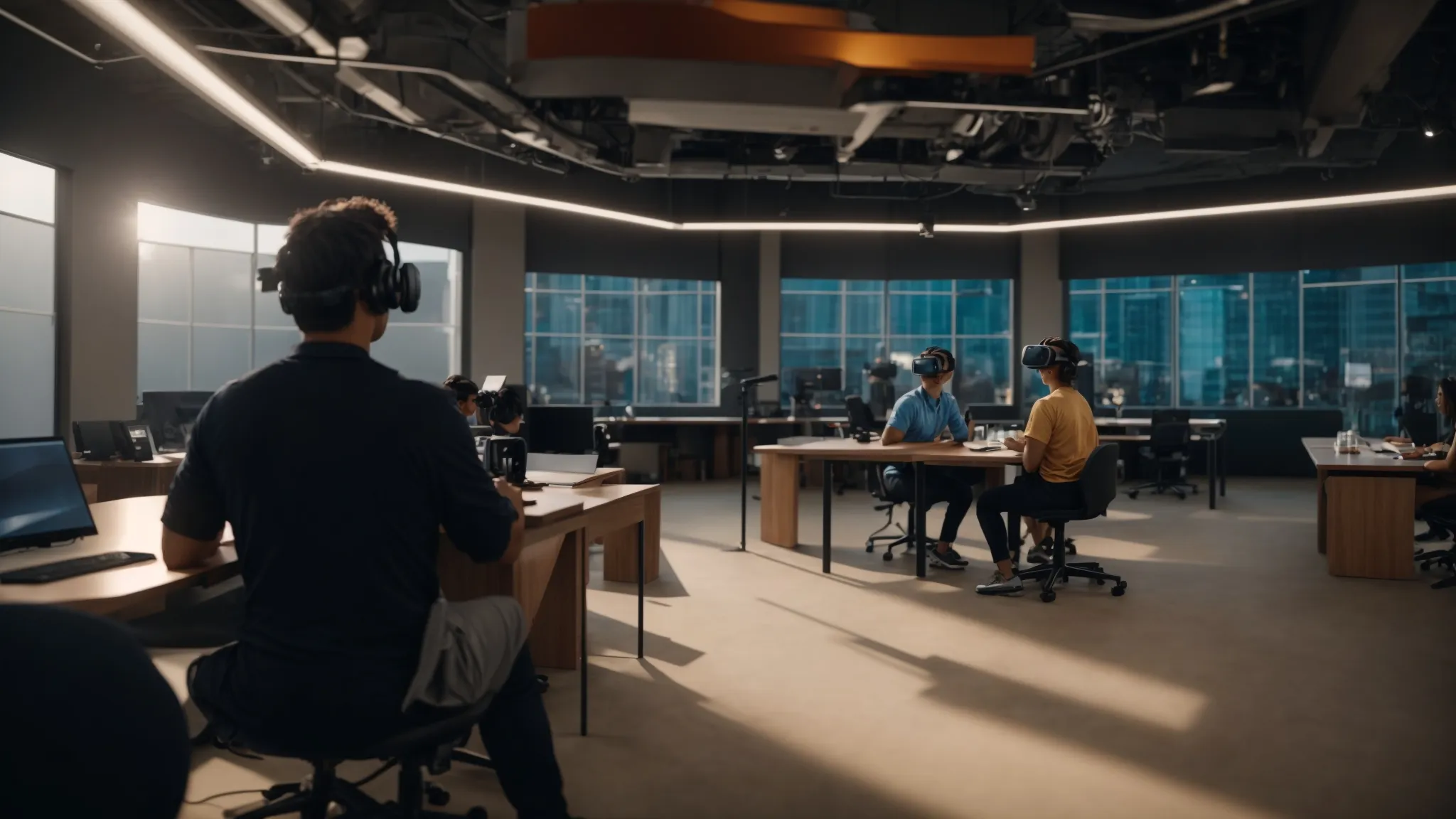 in a vibrant training room, employees participate in a virtual reality simulation, captivated by the interactive technology enhancing their learning experience.