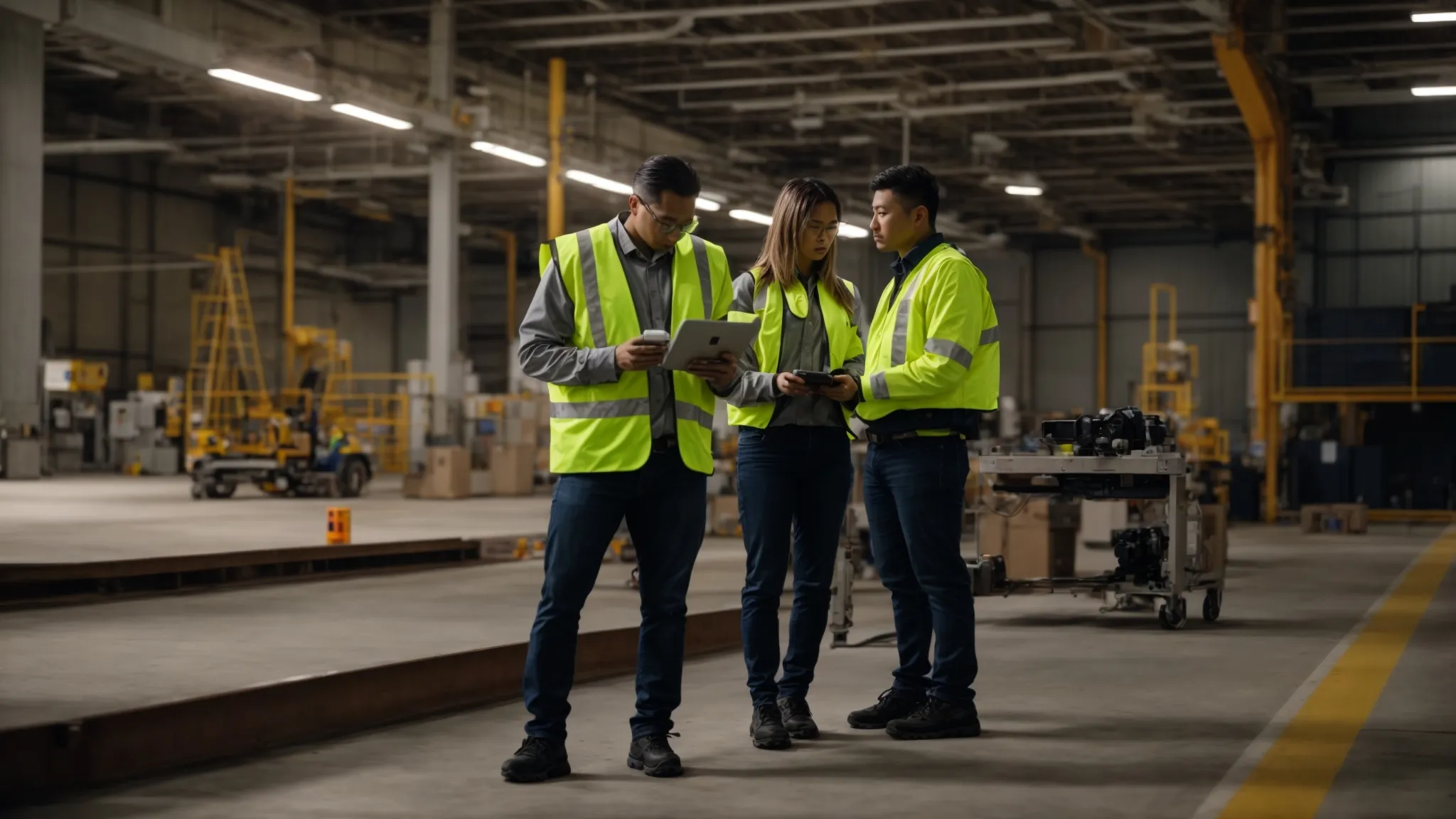 a group of employees engaged in hands-on safety training, assessing their progress and discussing feedback for program improvement.