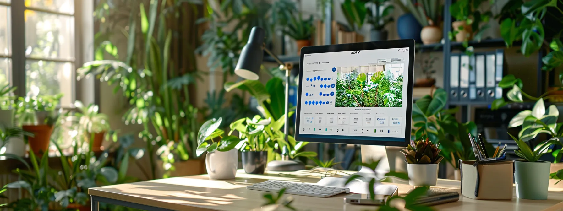 a modern office desk with a computer displaying a comprehensive regulatory compliance software dashboard, surrounded by green office plants, showcasing the seamless integration of ehs management in today's business environment.