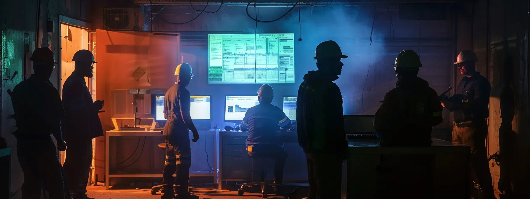 a team of workers in hard hats conducting a detailed risk assessment in a remote work environment, using advanced tools and techniques to identify potential hazards.