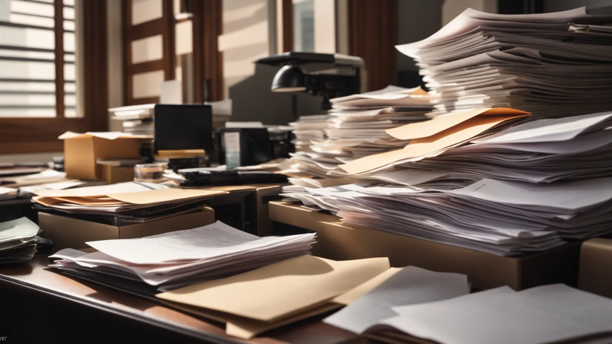 an office desk cluttered with disorganized paper files and outdated regulatory documents, highlighting the challenges of traditional ehs management methods.