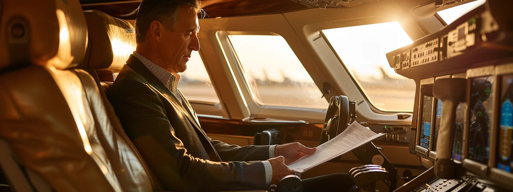 a pilot reviewing a manual filled with regulatory standards while sitting in a cockpit, surrounded by aviation equipment.