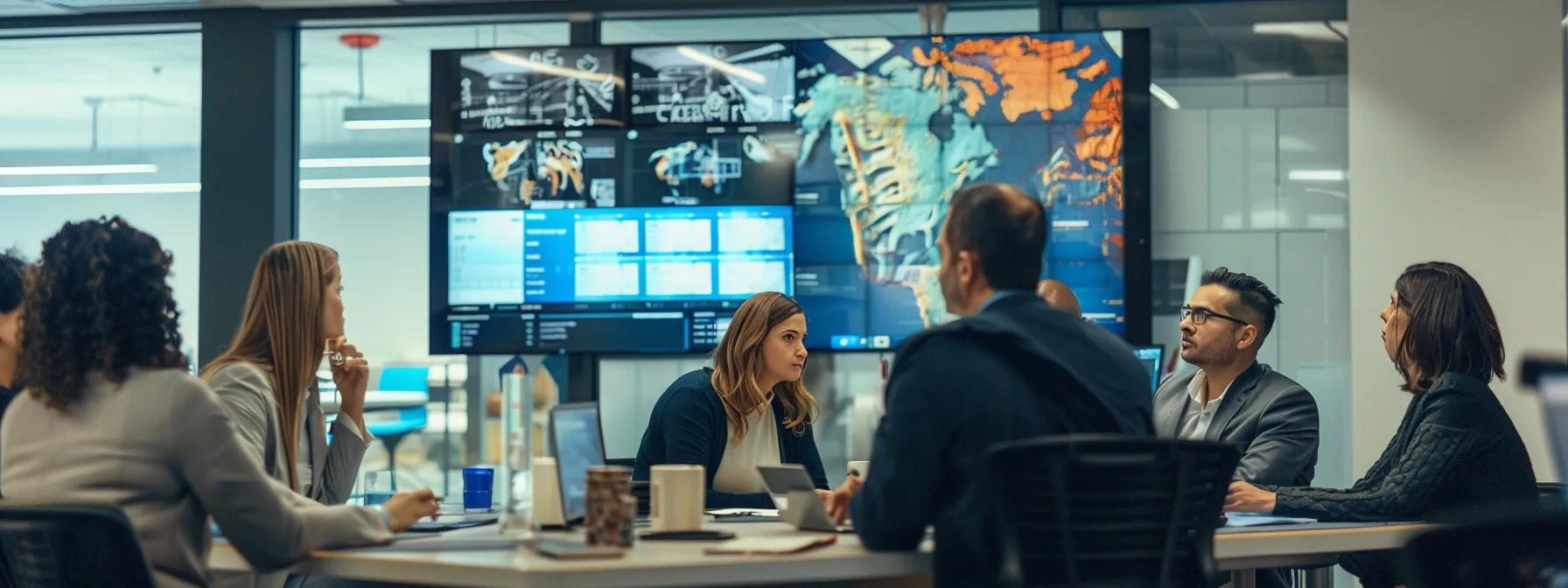 a dynamic office environment showcases a diverse group of professionals engaged in a collaborative meeting, analyzing data on digital displays to strategize the effective implementation of construction safety management software.