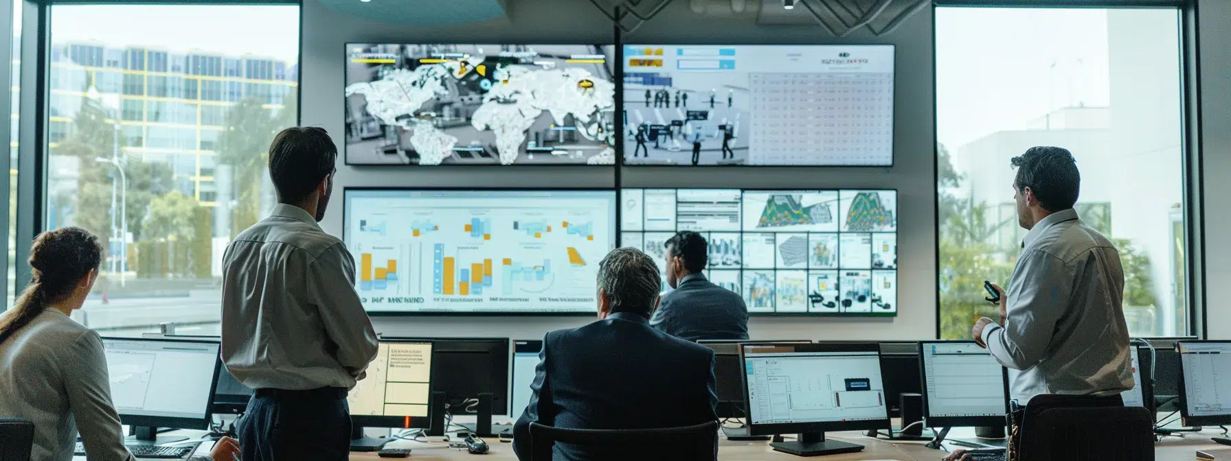 a dynamic office setting showcases a diverse group of safety managers collaboratively analyzing data on large screens, embodying the effective use of construction risk assessment software to enhance decision-making and foster a culture of safety.