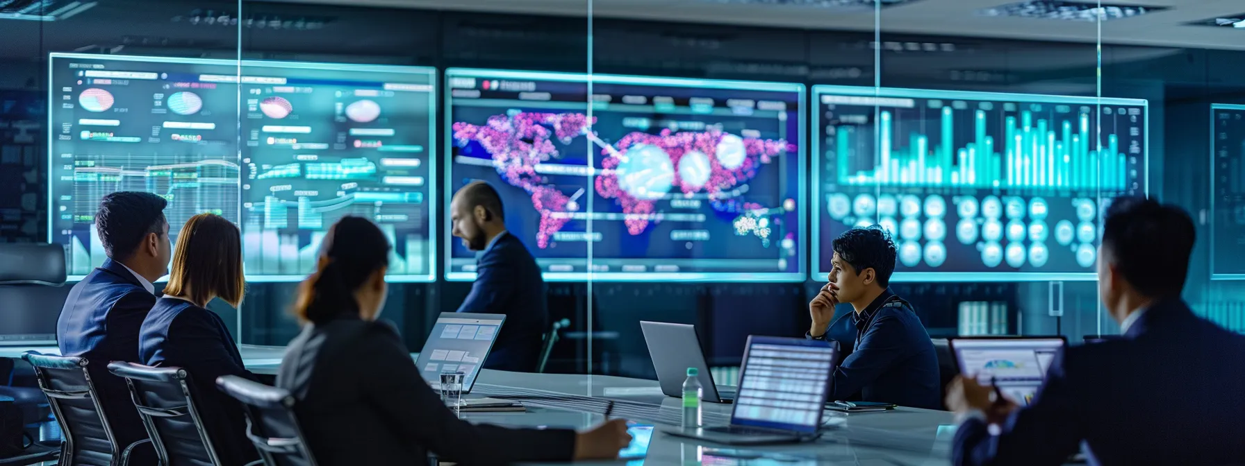 a dynamic office setting showcases a diverse team gathered around a sleek conference table, intensely analyzing data on large screens displaying construction safety software metrics and compliance successes, illuminating the collaboration and commitment to overcoming implementation challenges.