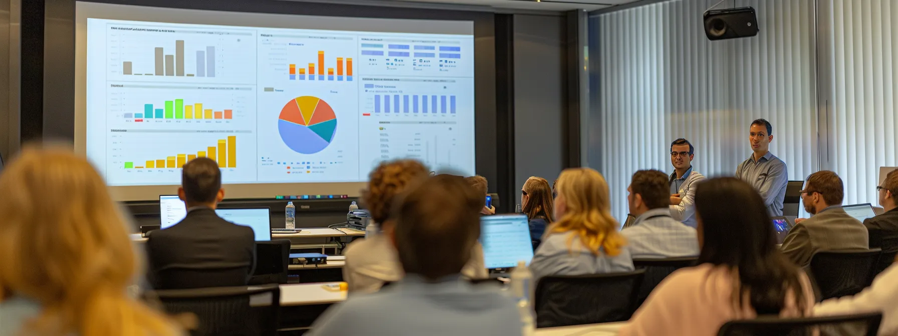 a modern conference room filled with professionals engaged in a focused discussion, highlighted by a large screen displaying vibrant charts and graphs that illustrate the successful outcomes of risk assessment software in construction projects.