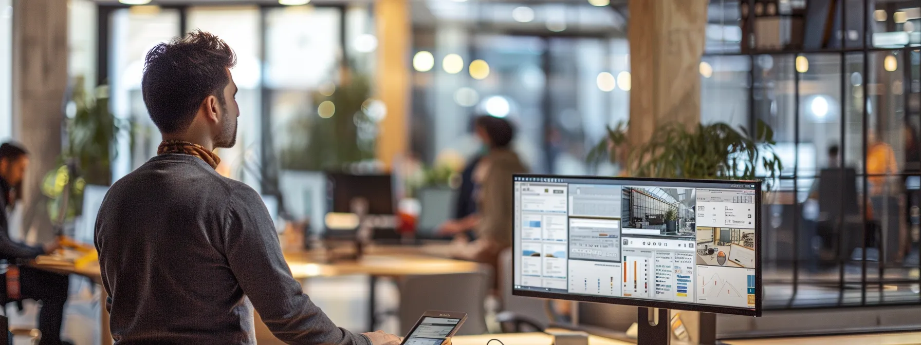 a modern construction office bustling with activity, featuring diverse teams engaged in collaborative discussions around digital tablets and large screens displaying safety management software, emphasizing a culture of compliance and safety protocols.