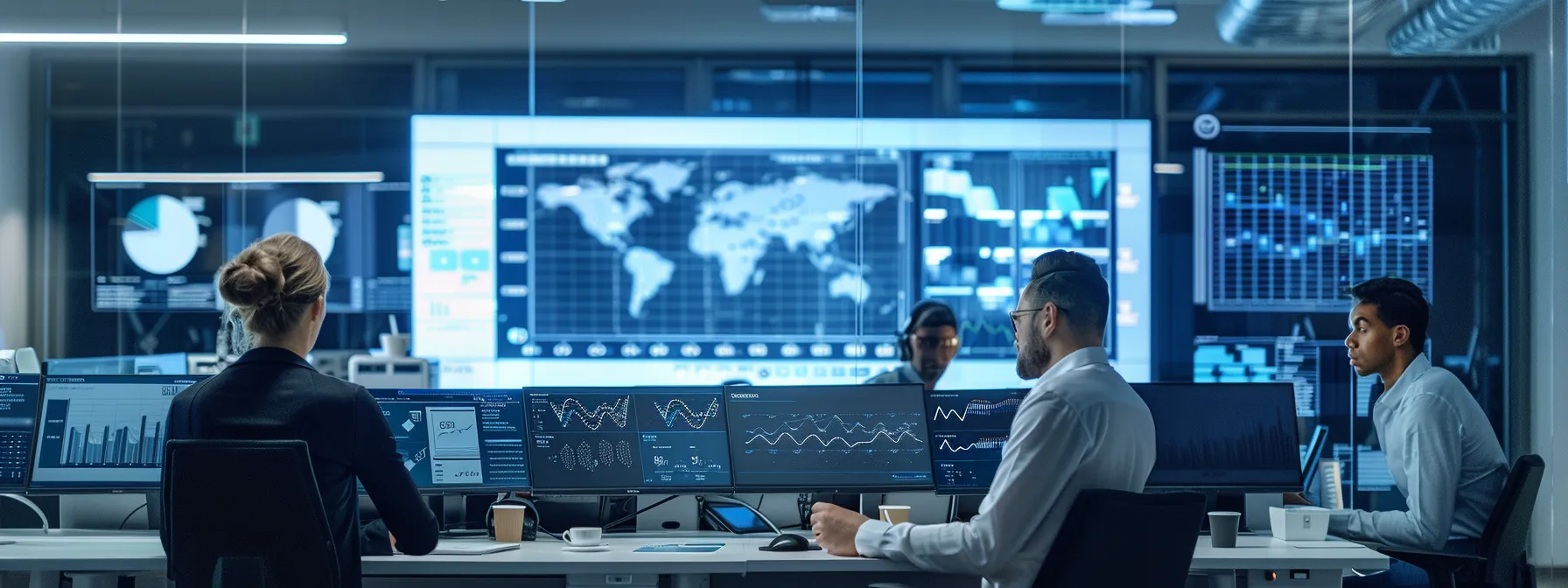 a modern office featuring a large screen displaying construction risk assessment software analytics, surrounded by safety managers engaged in focused discussions, highlighting the significance of enhanced project safety and operational efficiency.