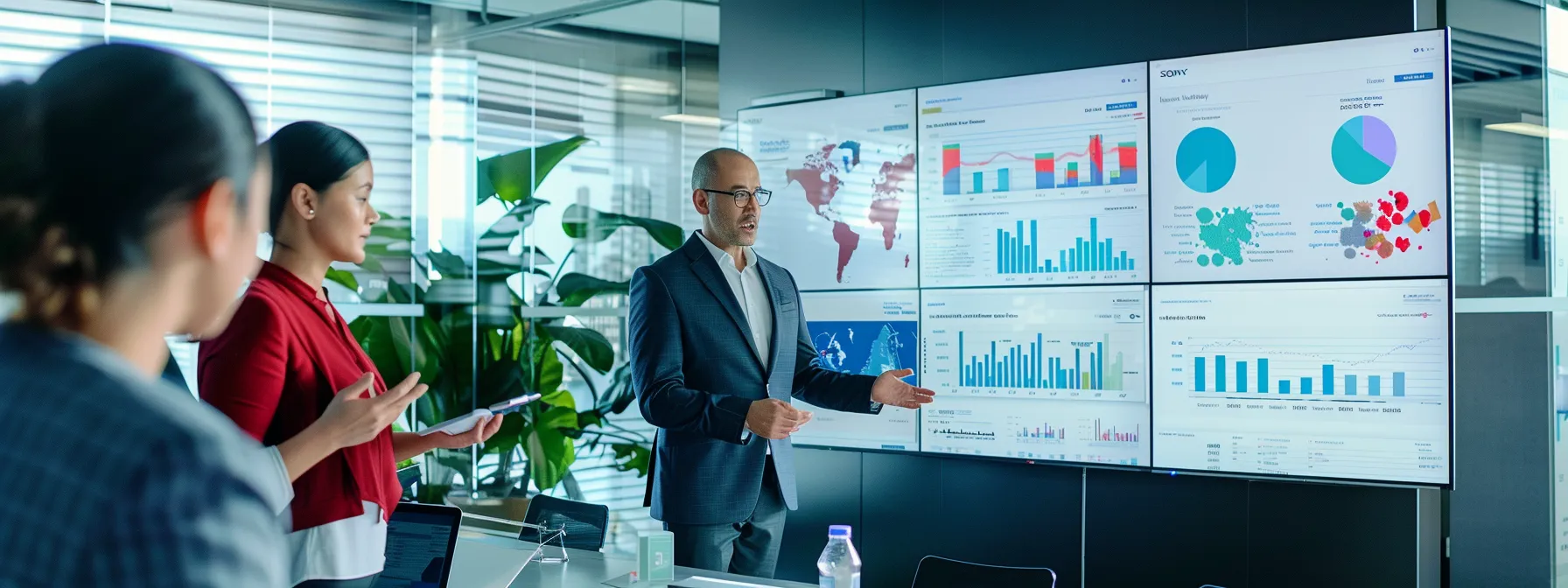 a modern office setting displays a diverse team engaged in a dynamic discussion around a large screen showcasing sophisticated construction risk assessment software, emphasizing data analytics and customization features.