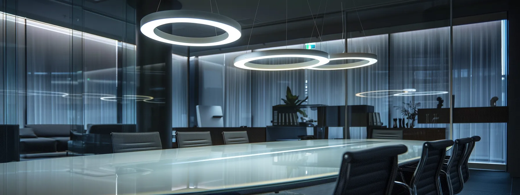 a sleek, modern office conference room features a large, oval glass table surrounded by high-back ergonomic chairs, illuminated by dramatic pendant lighting, creating an atmosphere of collaboration and innovation.