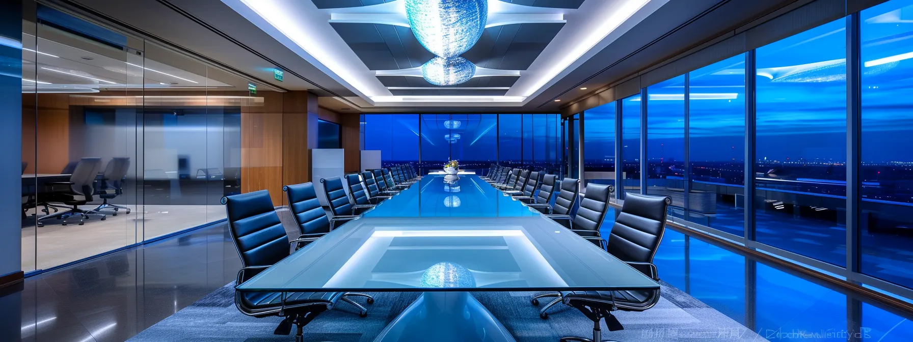 a sleek, modern office conference room features a large glass table surrounded by high-backed chairs, illuminated by dramatic overhead lighting, emphasizing the atmosphere of collaboration and innovation.